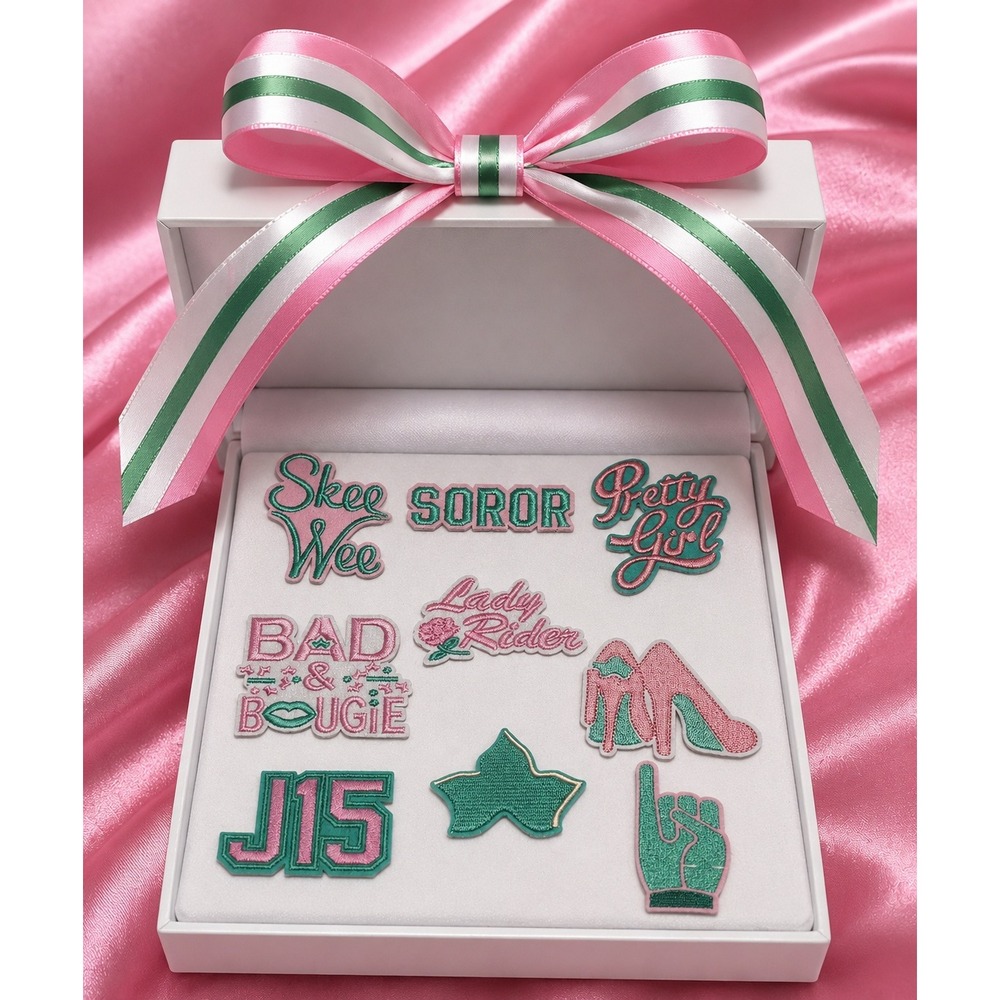 AKA Inspired 9-Piece Embroidered Patch Set Pink and Green Sorority Appliques